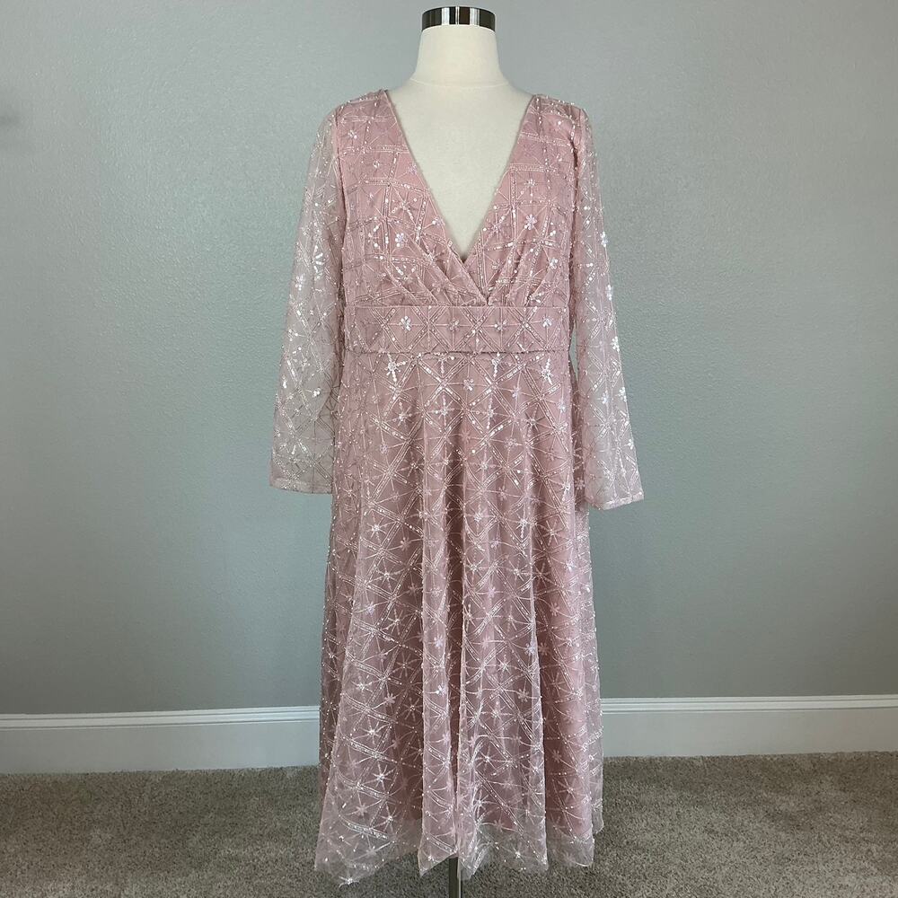 Mac Duggal 68003 Pink Cocktail Dress Sequined Long Sleeve A-Line Midi Size 18 - Picture 2 of 13